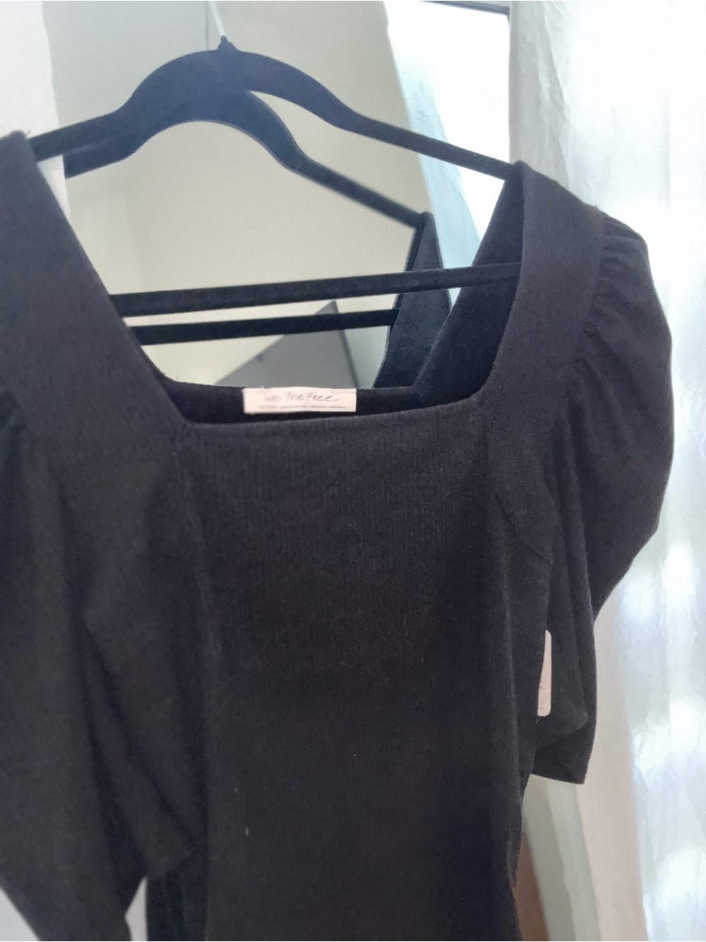Free People Black Square Neck Puff Sleeve Top